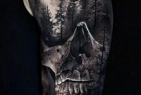 Realistic Skull And Forest Done On Guys Shoulder Upper Arm inside dimensions 847 X 1289