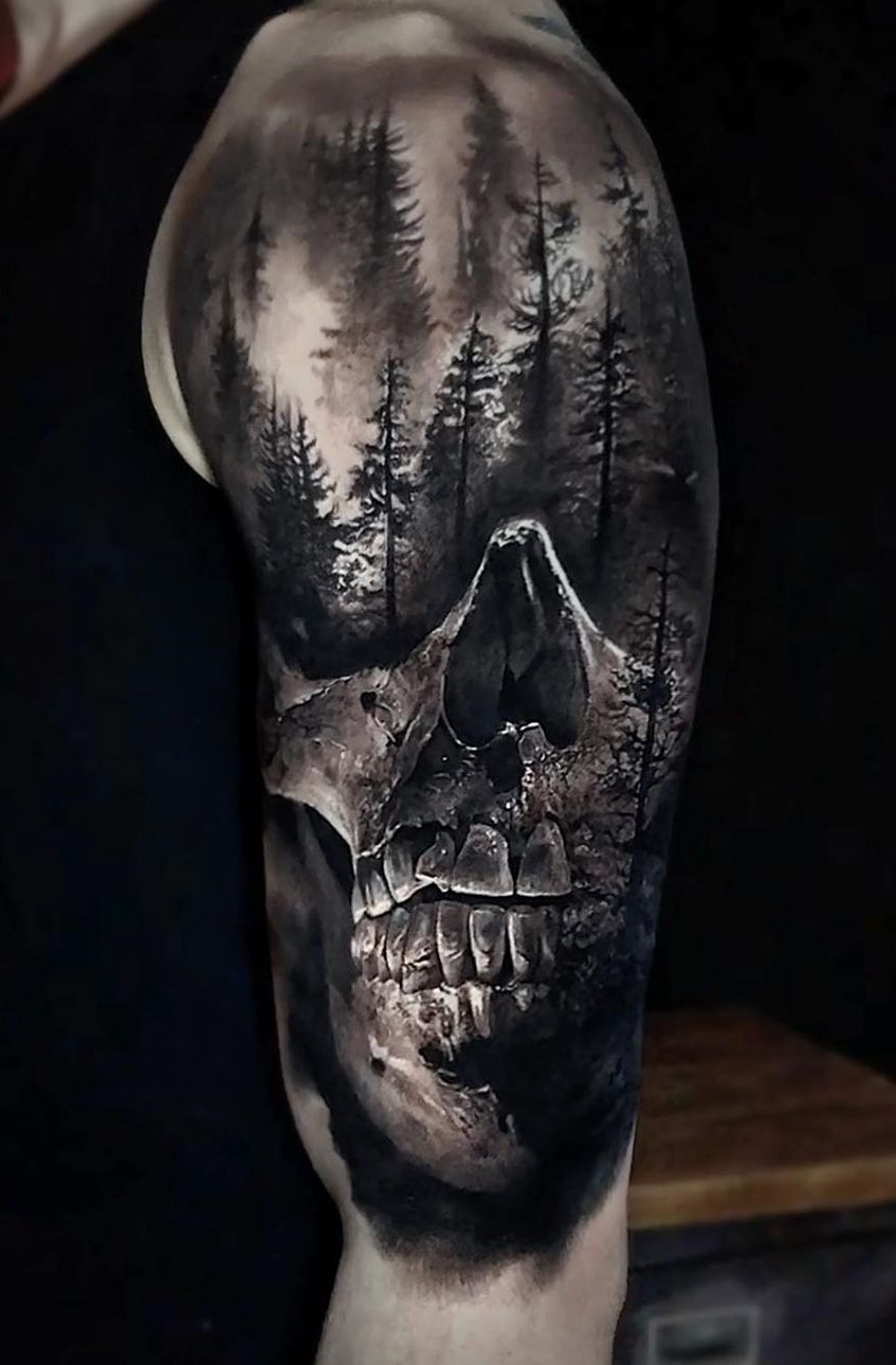 Realistic Skull And Forest Done On Guys Shoulder Upper Arm intended for dimensions 847 X 1289