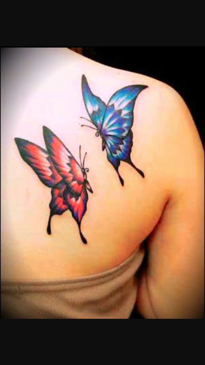 Red And Blue Two Flying Butterflies Tattoo On Girl Back Shoulder inside sizing 720 X 1280