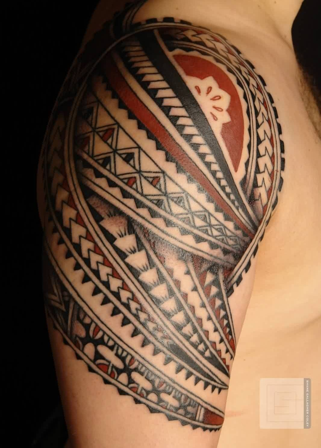 Red Black Polynesian Tattoos On Right Shoulder inside dimensions 1066 X 1486