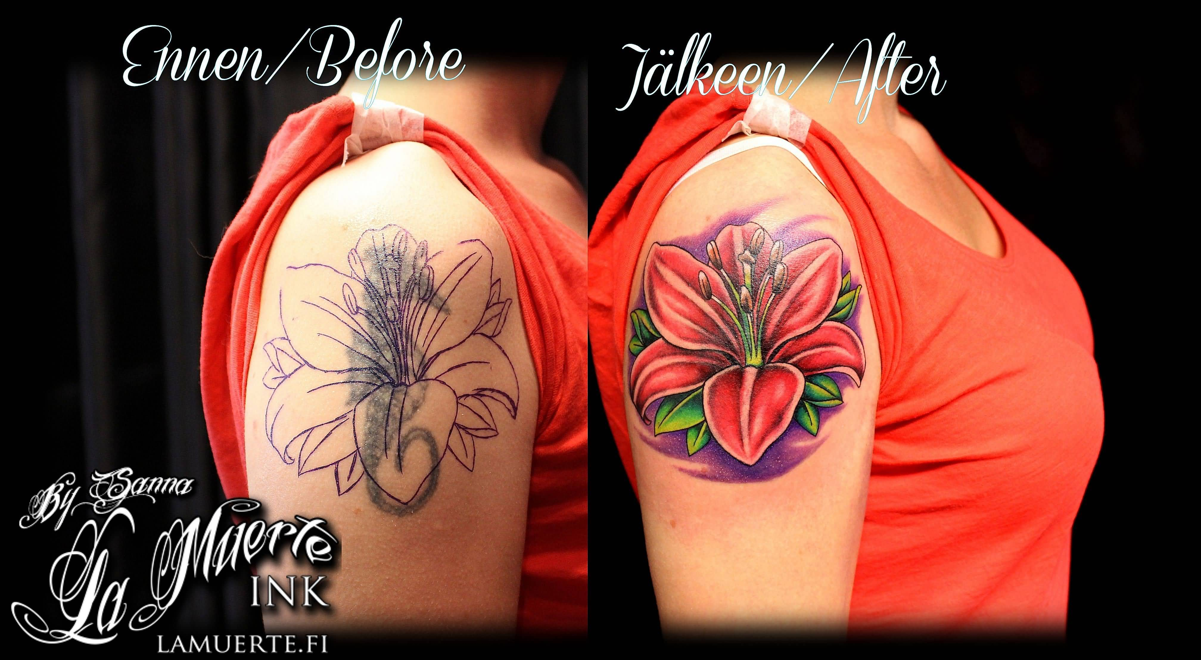 Red Ink Lily Flower Cover Up Tattoo On Girl Right Shoulder Sanna intended for dimensions 4032 X 2216