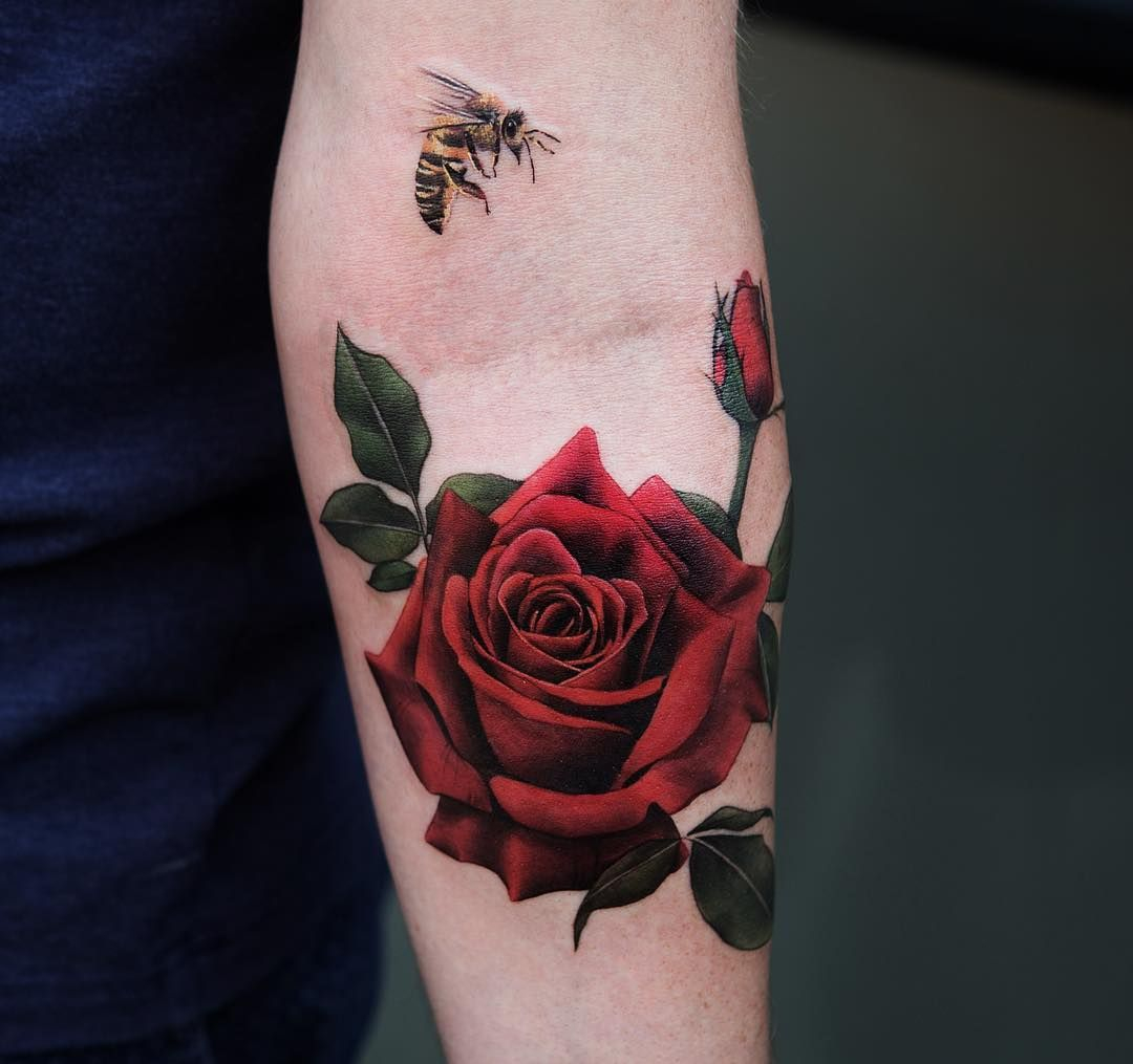 Red Rose And Bee Joice Wang Floral Tattoos Red Tattoos Bee intended for size 1080 X 1015