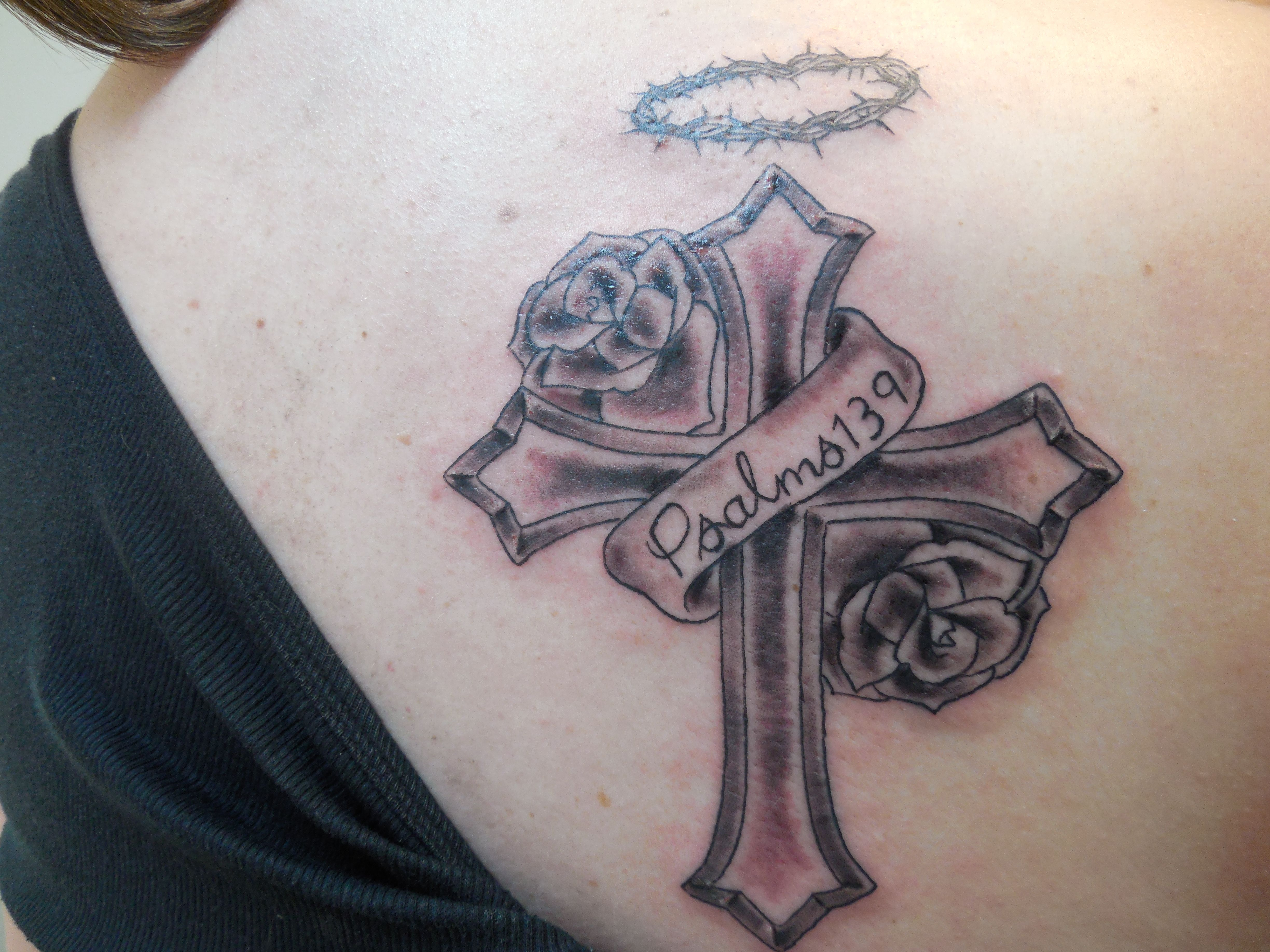 Religious Cross Roses And Bible Verse Shoulder Tattoo Artist with regard to size 4896 X 3672