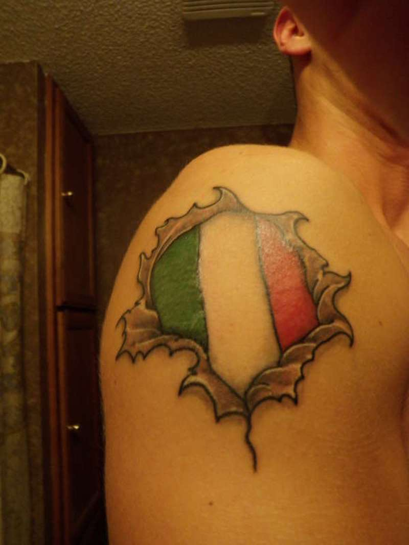 Ripped Skin Italian Flag Tattoo On Right Shoulder Tattoos Book throughout size 800 X 1067