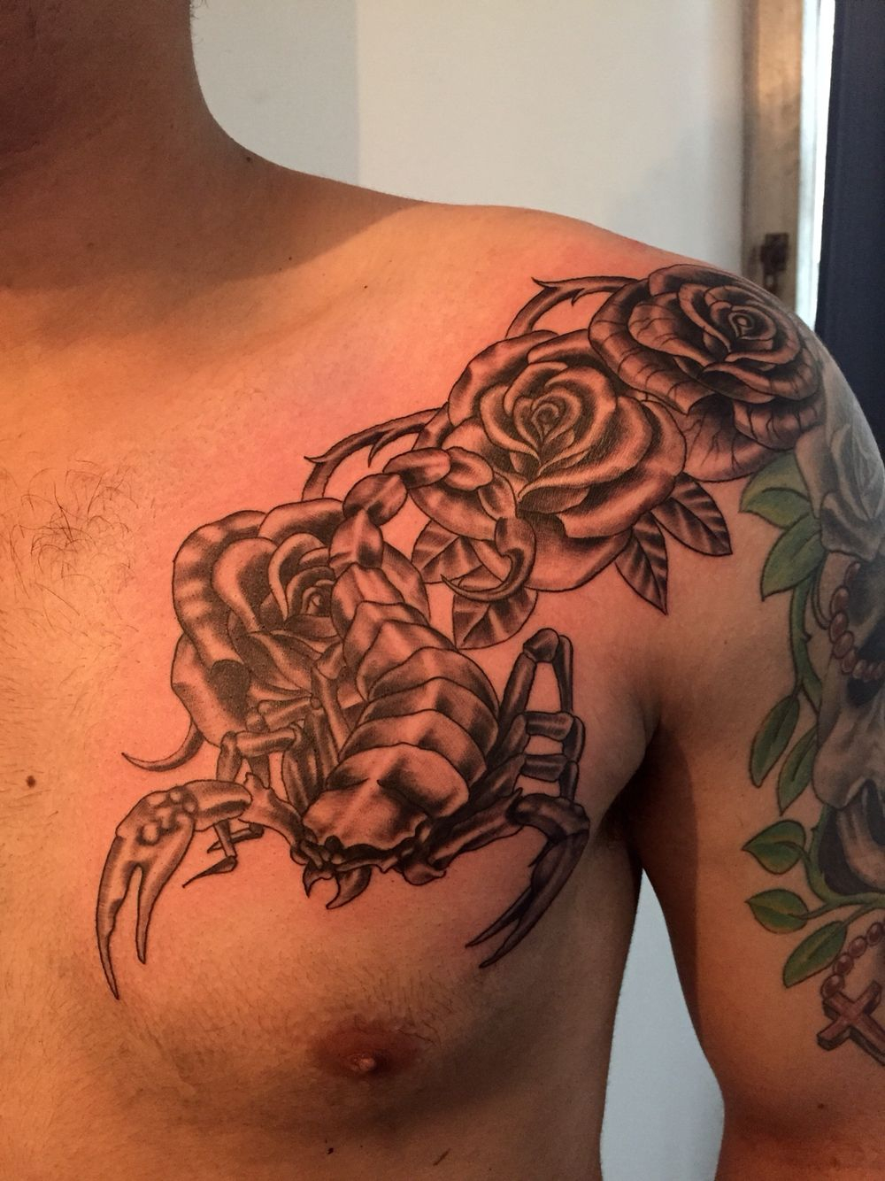 Rose And Scorpion Tattoo Bruce Tattoo Brother Tattoos Chest inside proportions 1000 X 1334