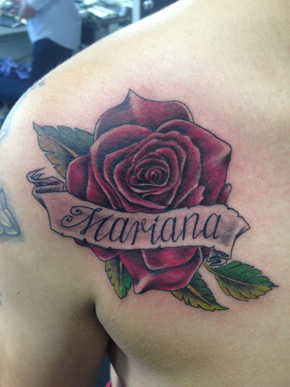 Rose Tattoo Whit The Name Mariana On It On A Ribbon In The Shoulder within size 960 X 1280