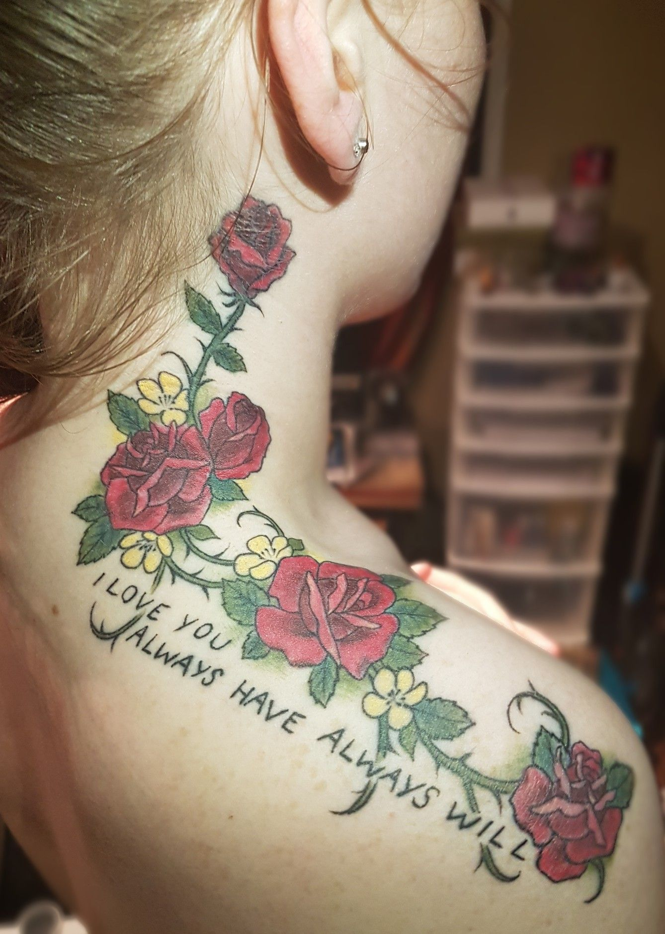 Rose Words Vines Buttercups Neck And Shoulder Tattoo Done regarding proportions 1338 X 1879