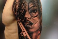 School Style Colored Shoulder Tattoo Of Sexy Clown Woman With Pistol intended for dimensions 768 X 1024