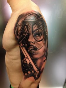 School Style Colored Shoulder Tattoo Of Sexy Clown Woman With Pistol intended for dimensions 768 X 1024