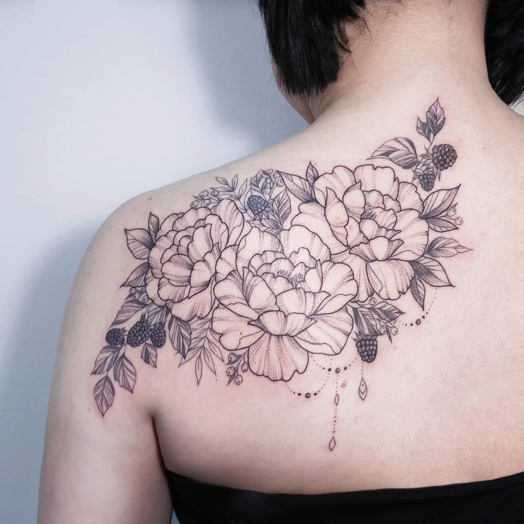 Shoulder Back Peonies Berries Tattoo Irene Bogachuk Ibtattooing inside size 1080 X 1080