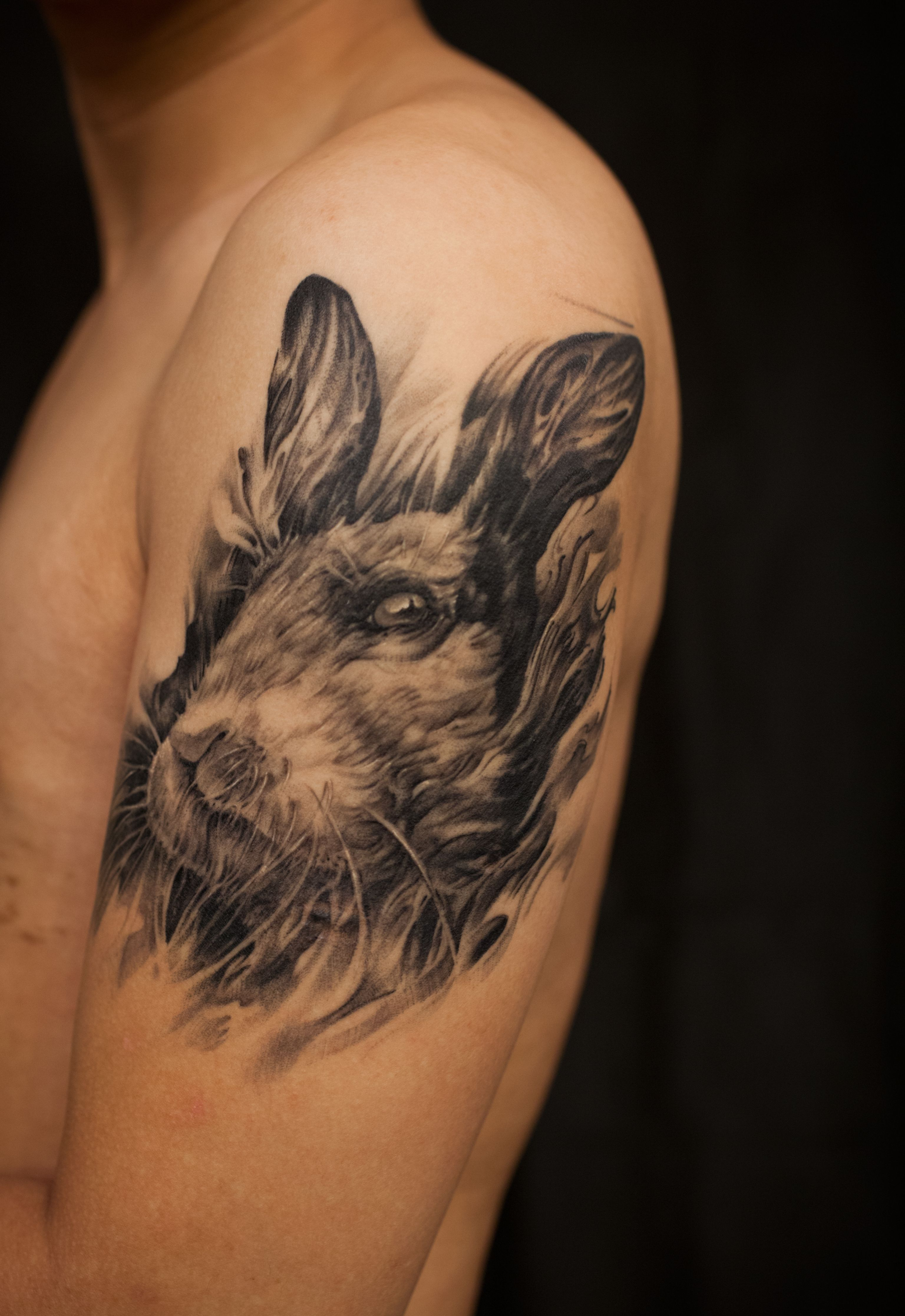 Shoulder Black And Grey Rabbit Tattoo Chronic Ink Black Hare with regard to proportions 3072 X 4464