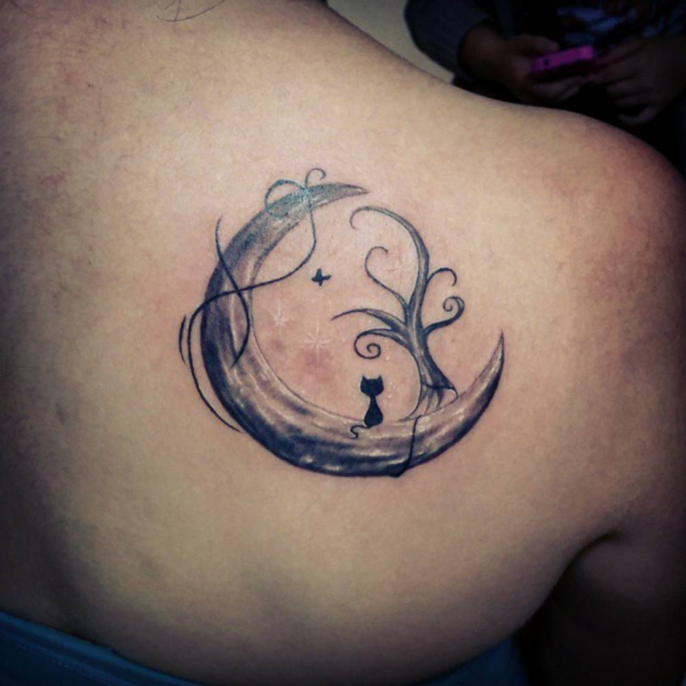 Shoulder Blade Tattoo Of The Moon With A Black Cat And throughout dimensions 1000 X 1000