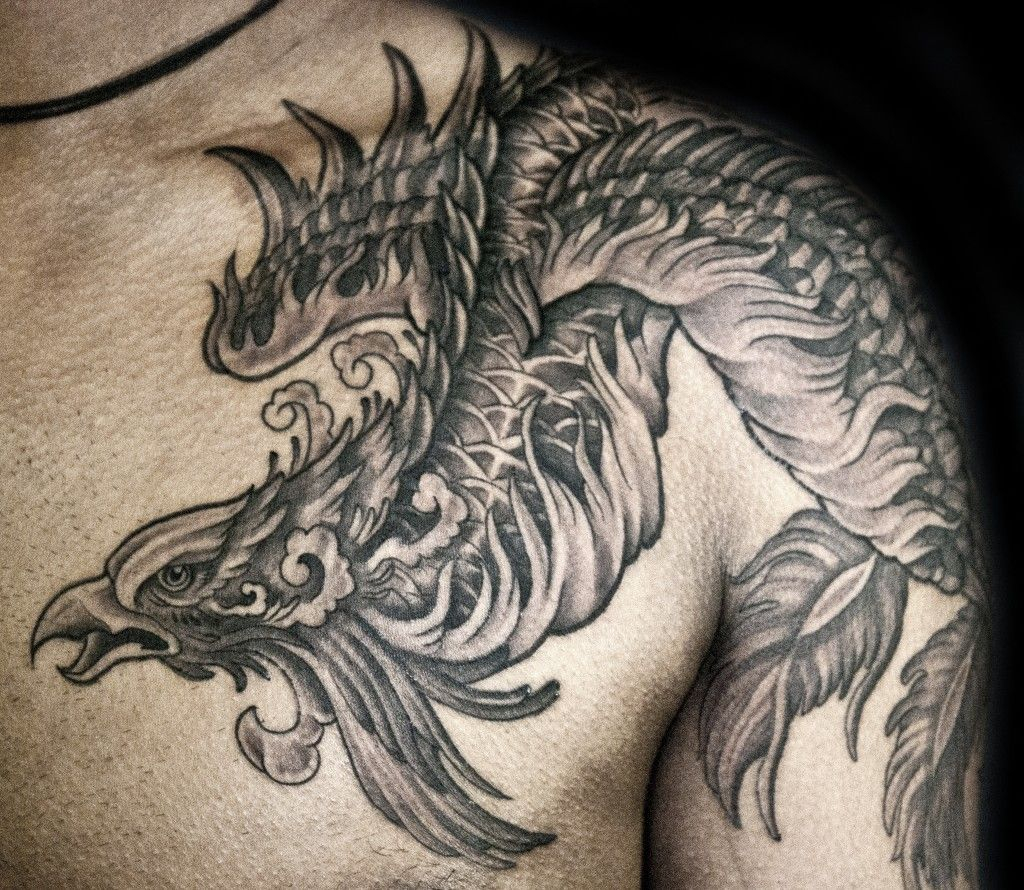 Shoulder To Chest Black And Grey Phoenix Tattoo Phoenix Tattoo regarding size 1024 X 890