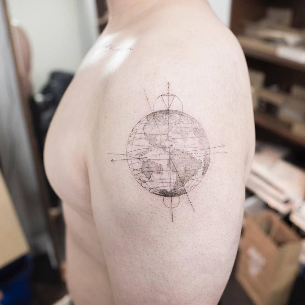 Single Needle Planet Earth Tattoo On The Left Shoulder Astronomy throughout proportions 1000 X 1000