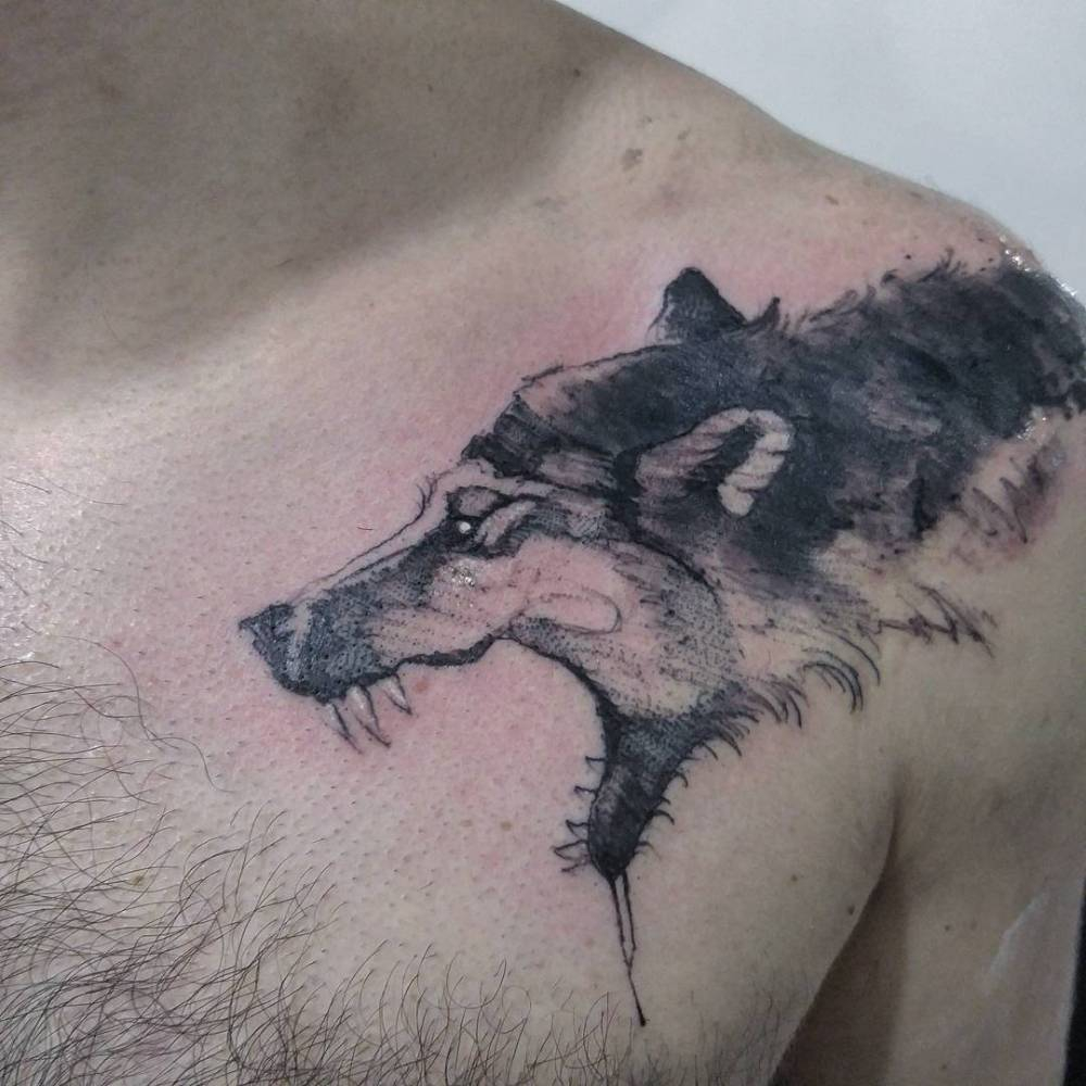 Sketchy Wolf Tattoo On The Left Shoulder And Chest for size 1000 X 1000