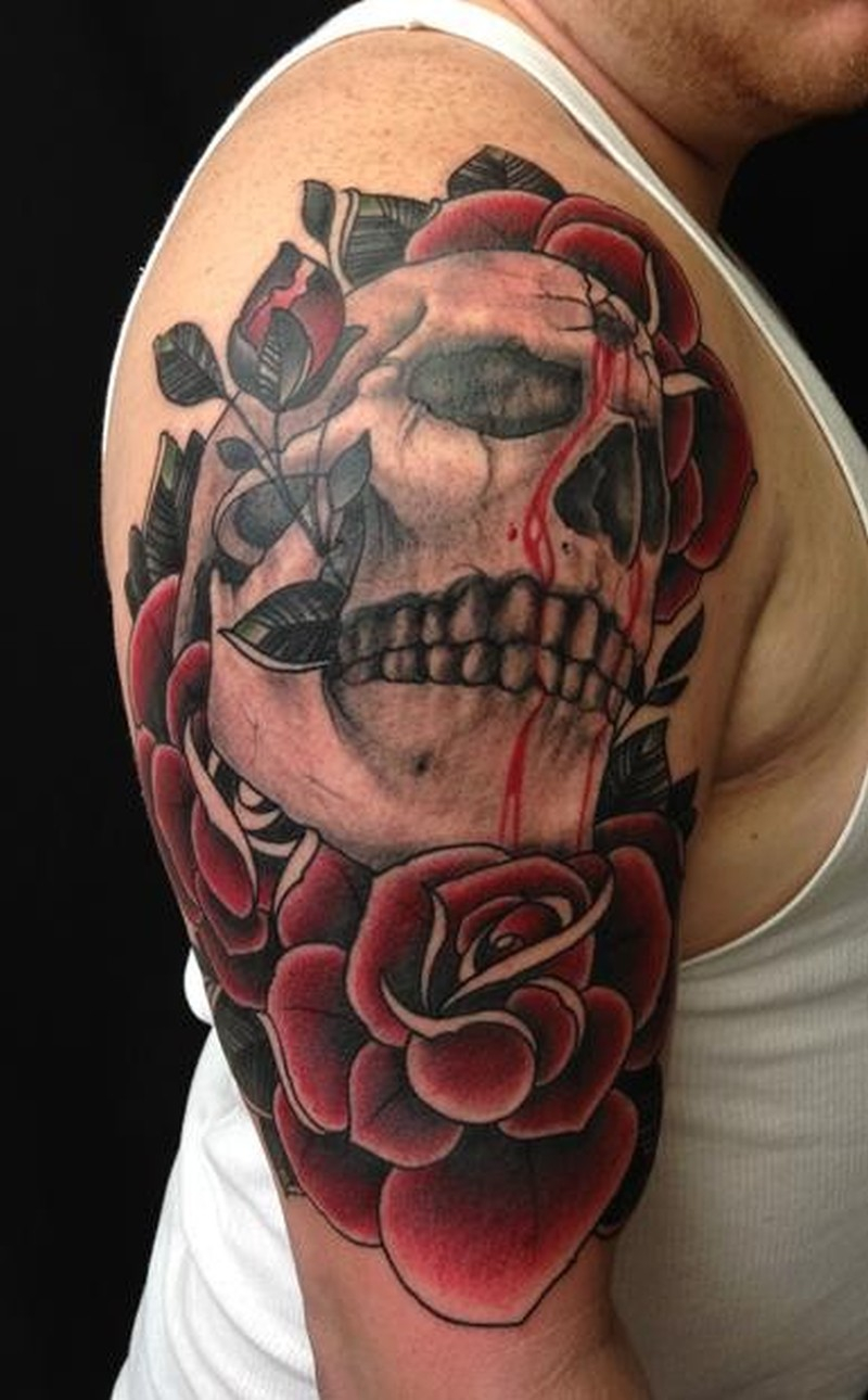 Skull With A Bullet Hole In Forehead And Red Roses Tattoo Tattoos pertaining to proportions 800 X 1290
