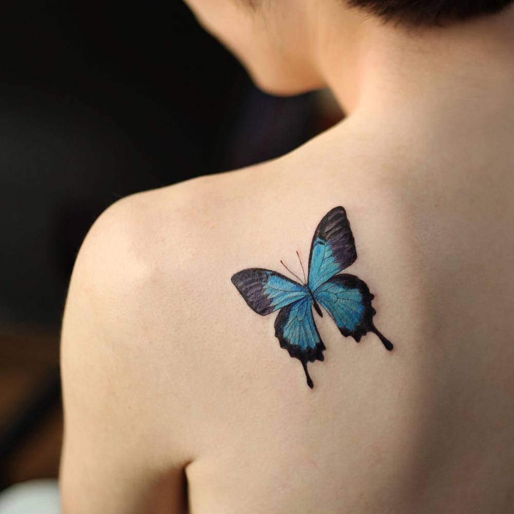 Small Blue Butterfly Tattoo On The Left Shoulder Blade intended for measurements 1000 X 1000