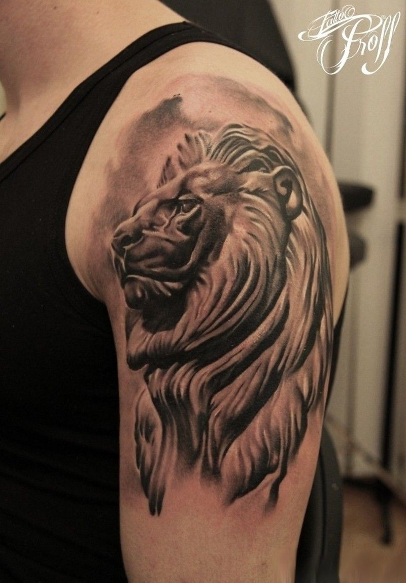 Stonework Style Colored Shoulder Tattoo Of Lion Statue Tatoo inside size 800 X 1148