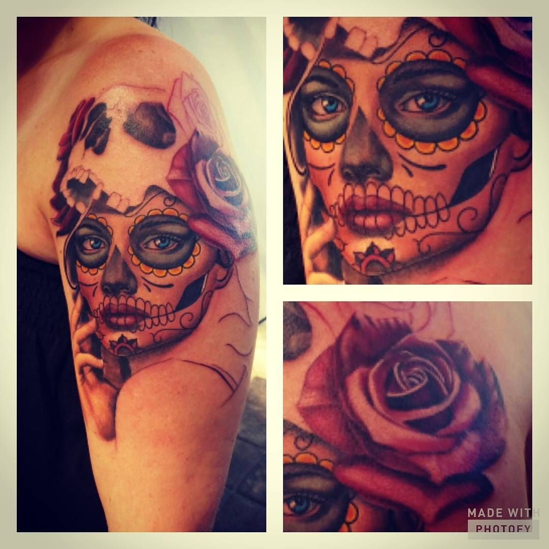Sugar Skull Tattoo On Womans Shoulder With Rose And Realistic Face regarding size 1080 X 1080