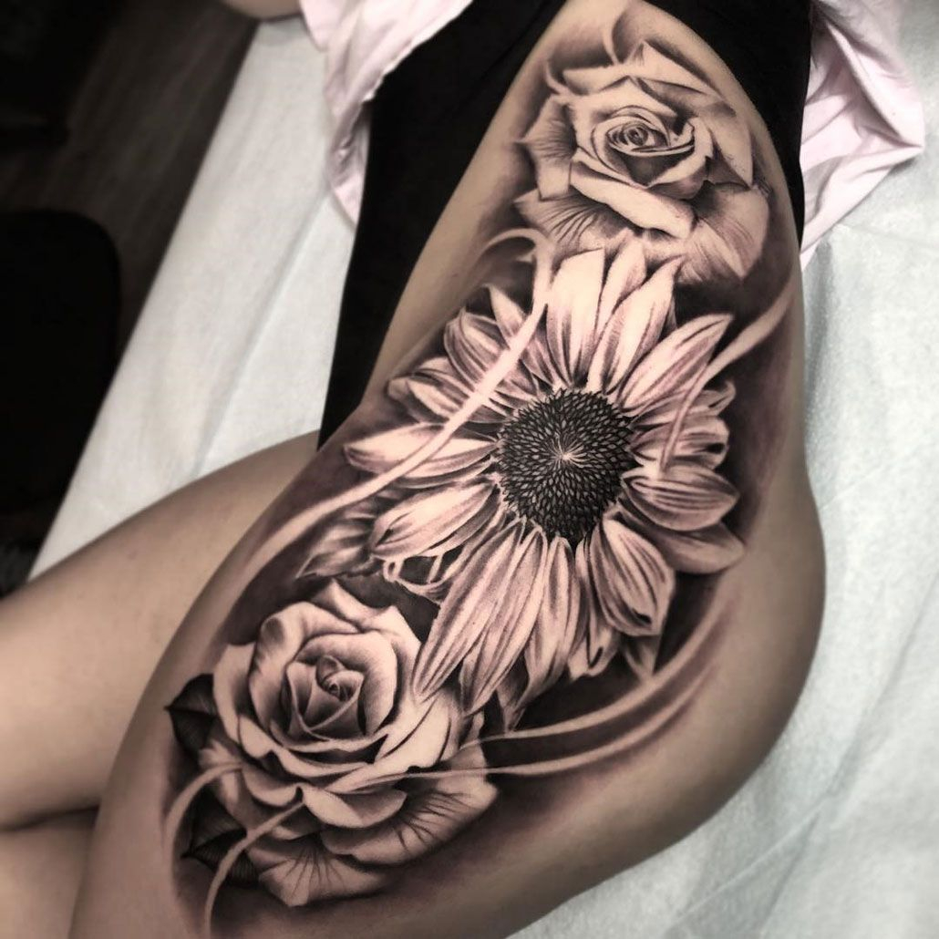 Sunflower Roses Hip Tattoo Floral Tattoos Sunflower Tattoo with size 1030 X 1030