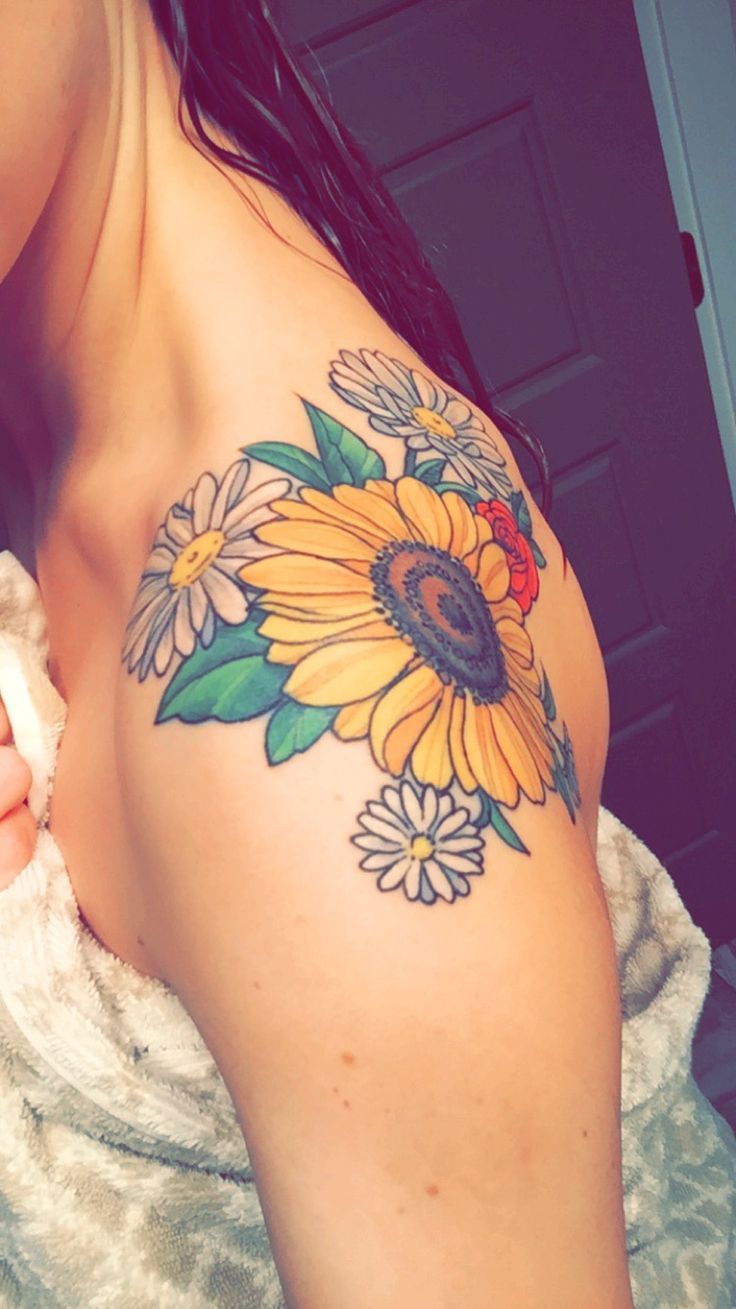 Sunflower Shoulder Tattoo The Hive Tattoo Portland Sunflower regarding proportions 736 X 1309