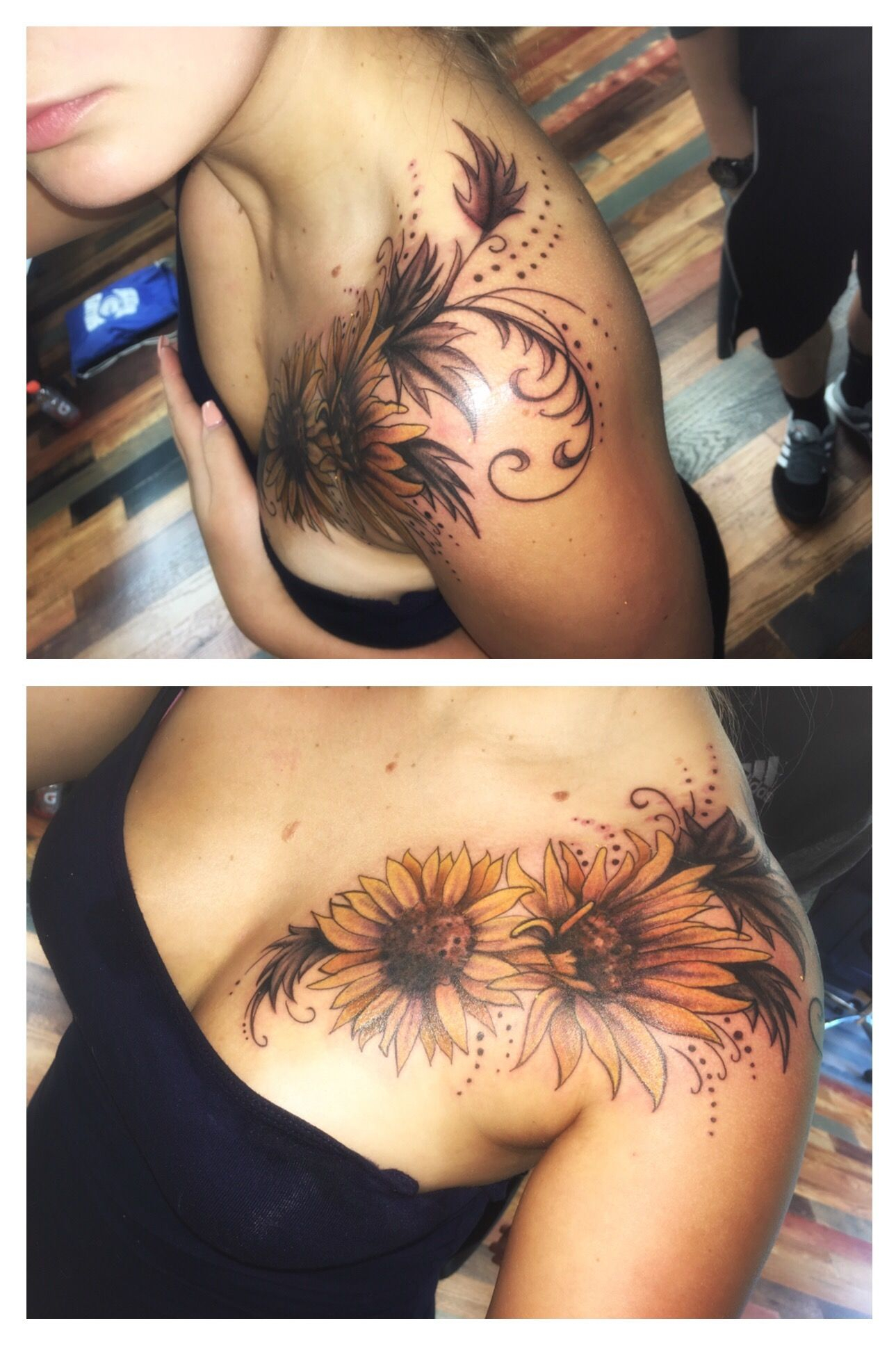 Sunflower Tattoo On Left Shoulder Tattoos Sunflower Tattoos intended for proportions 1289 X 1936