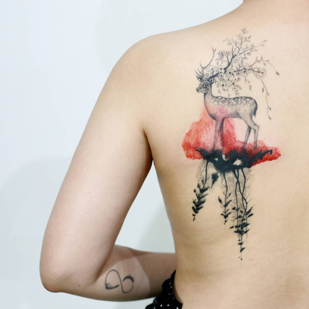 Surrealist Deer Tattoo On The Left Shoulder Blade with size 1000 X 1000