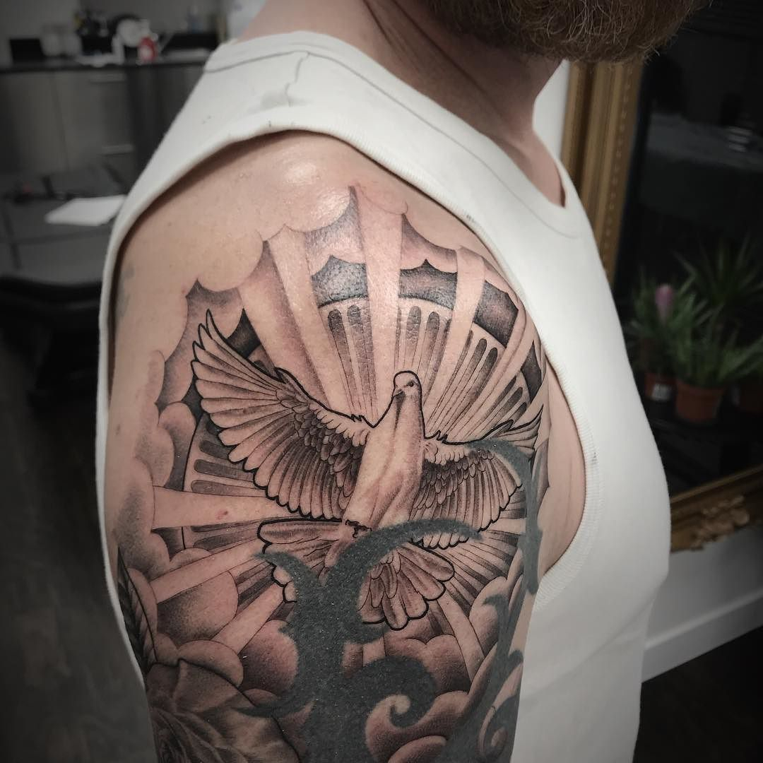 Tattoo Dove With Halo And Sunrays To Cap Shoulder Matt Roe inside measurements 1080 X 1080