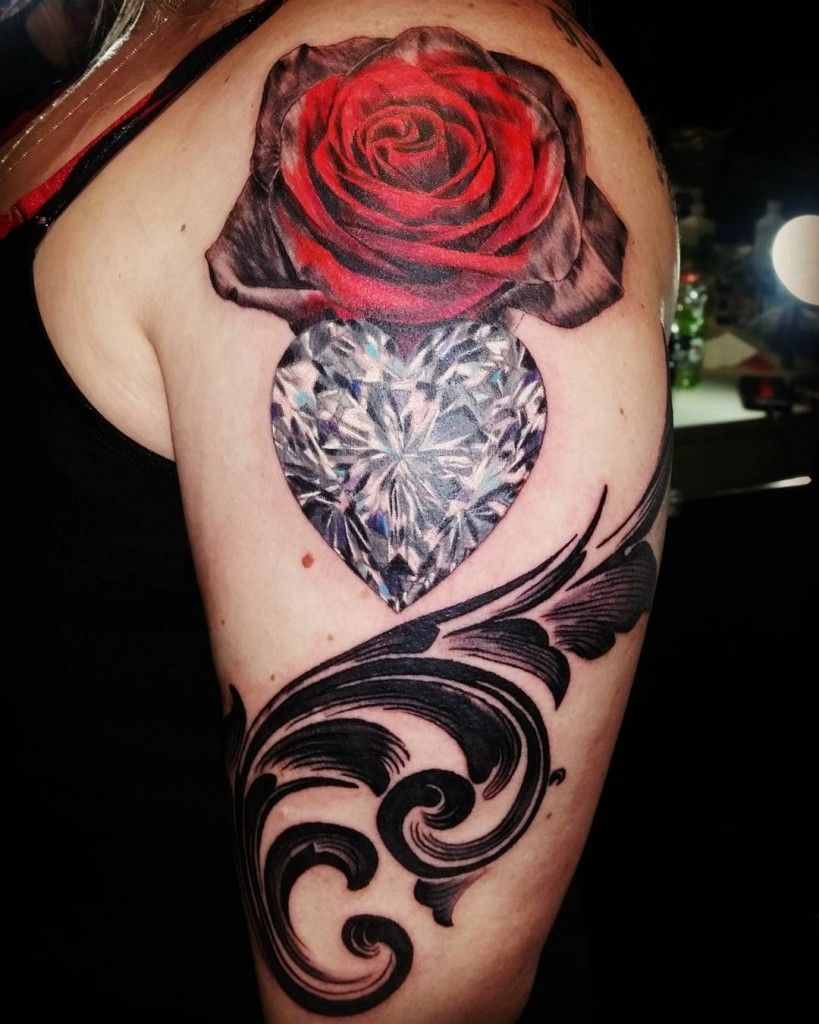 Tattoo On The Shoulder Of The Girl Red Rose Diamond And Pattern pertaining to measurements 819 X 1024