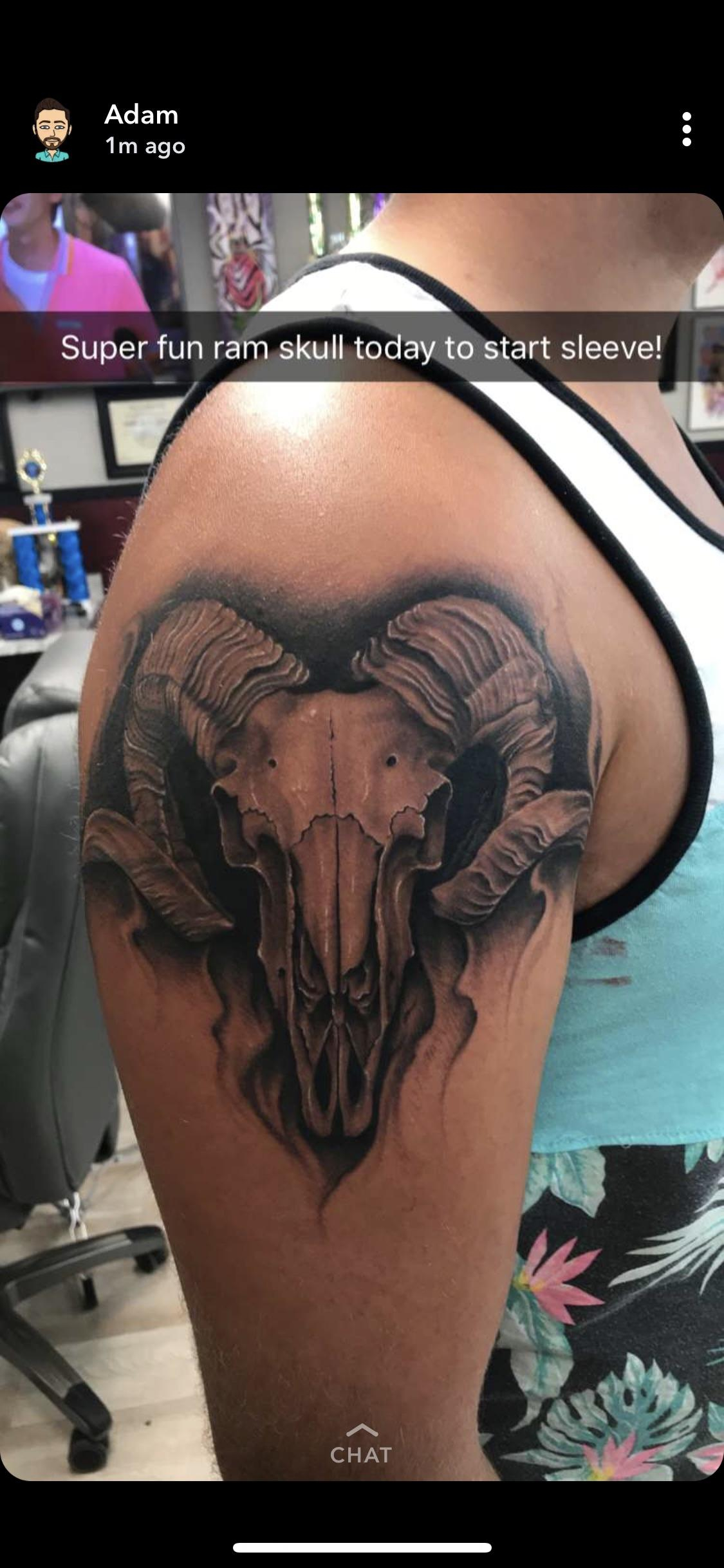 The Start To My Sleeve Ram Skull Done Adam Bertram At Thee throughout measurements 1125 X 2436