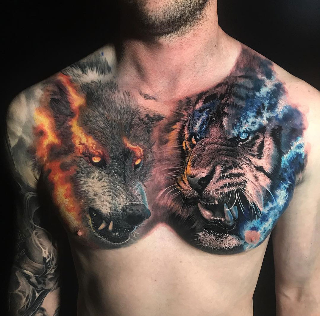Tiger Vs Wolf Chest Best Tattoo Design Ideas within dimensions 1075 X 1060