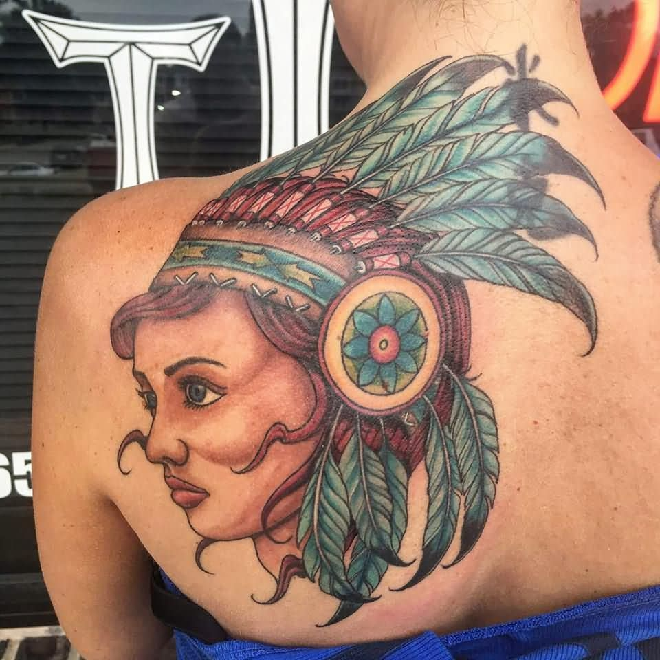 Traditional Indian Native Girl Face Tattoo On Women Left Back Shoulder intended for size 960 X 960