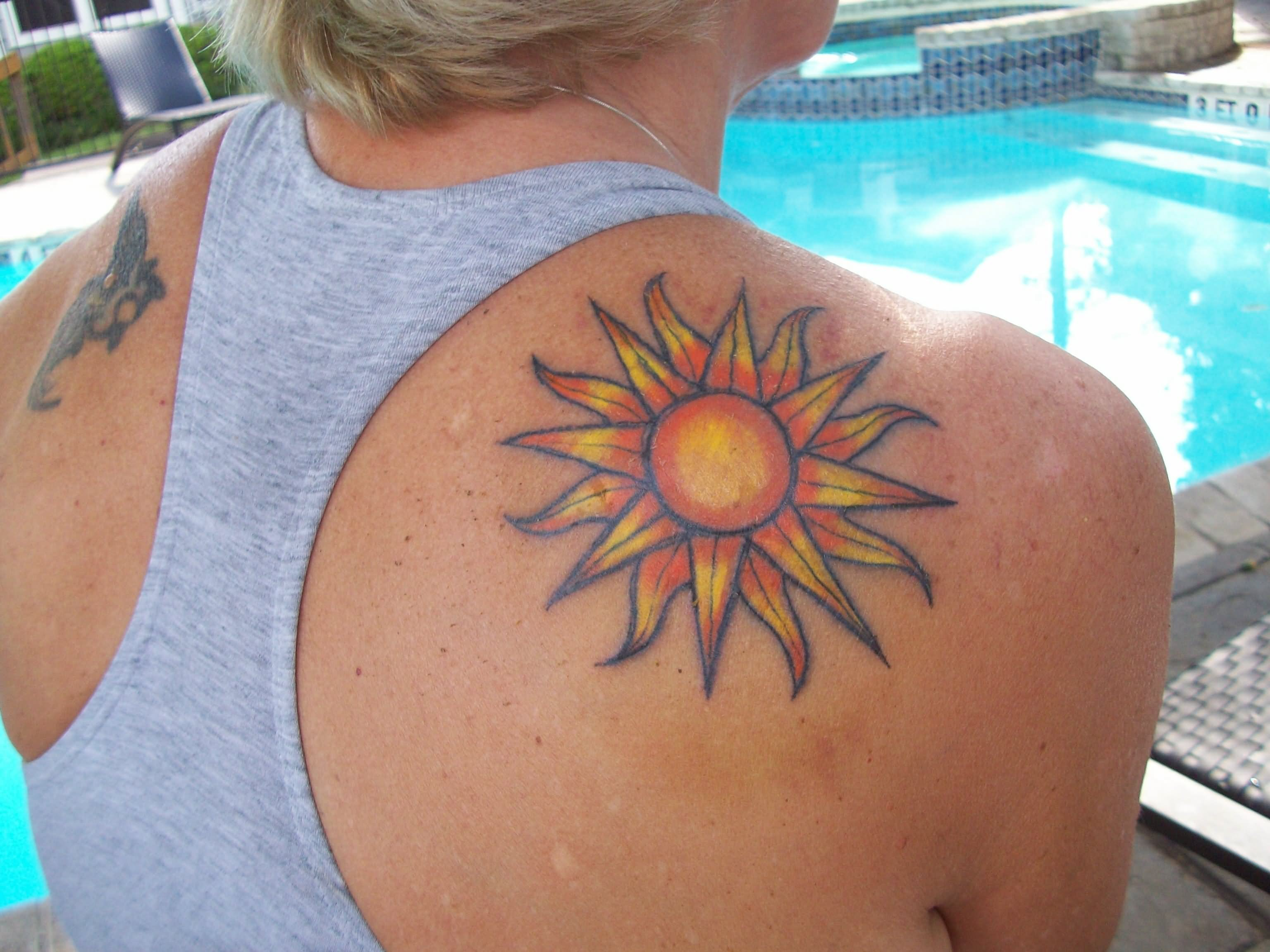 Traditional Sun Tattoo On Shoulder within dimensions 3072 X 2304