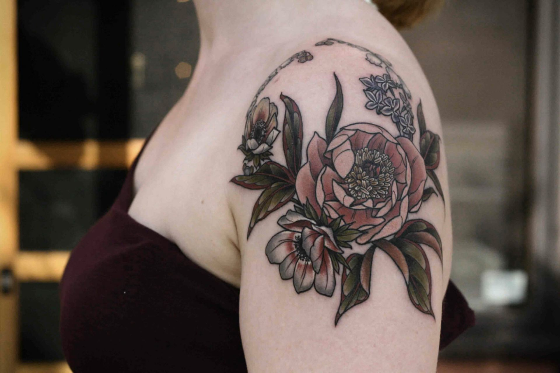 Traditional Tattoo With Flower And Shoulder Tattoo pertaining to dimensions 1920 X 1279