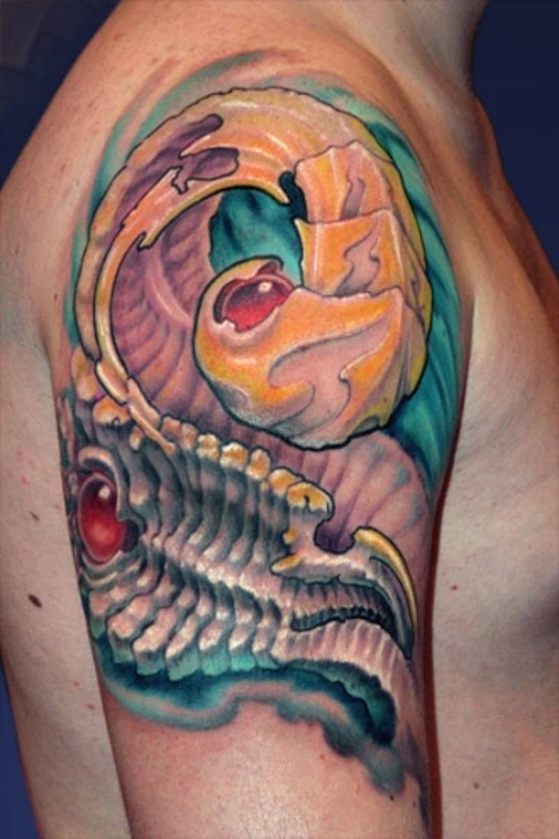 Unusual Designed Colored Alien Bones Like Shoulder Tattoo with dimensions 800 X 1200