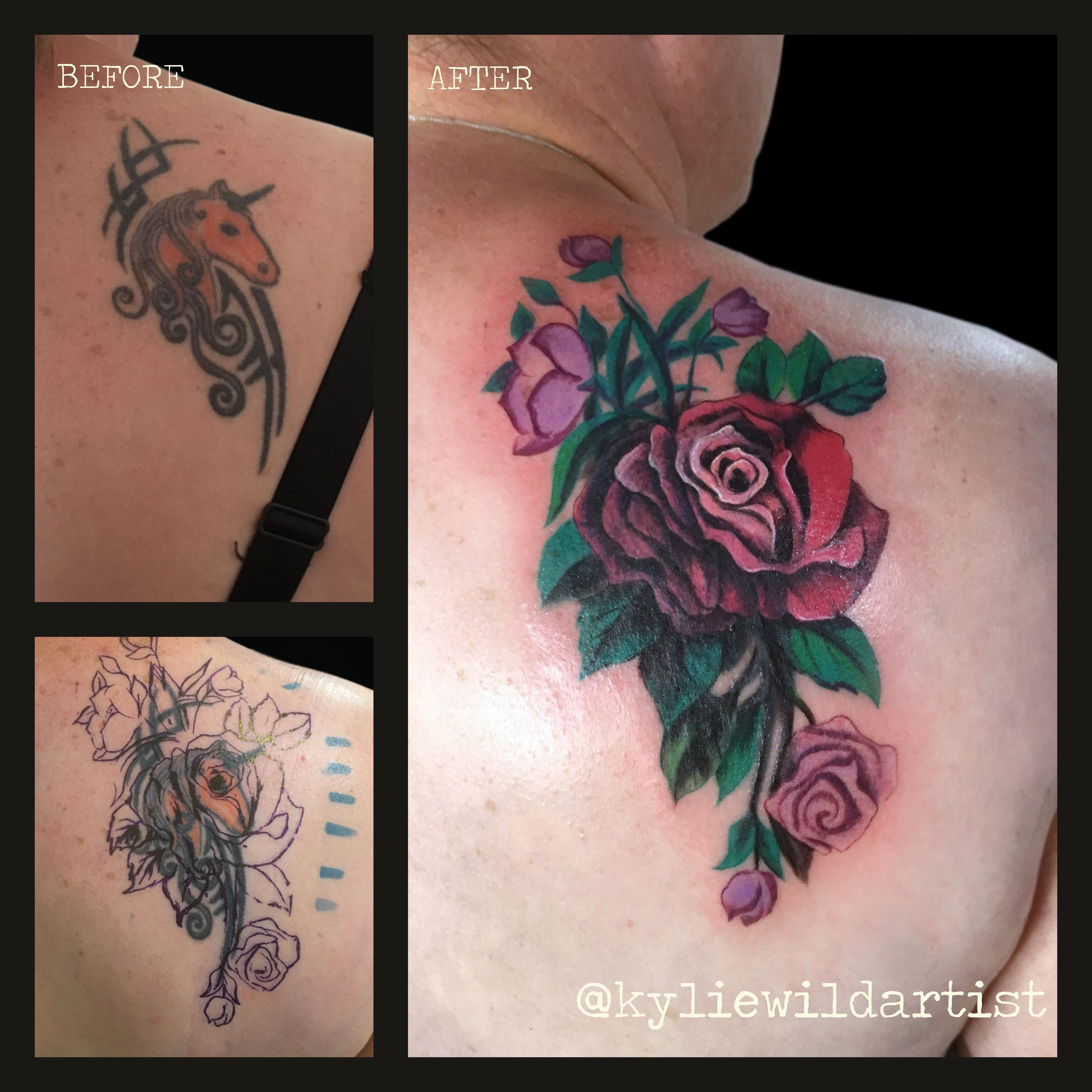 Very Tricky Old Tattoo Of Unicorn Cover Up Red And Pink Roses in dimensions 5120 X 5120