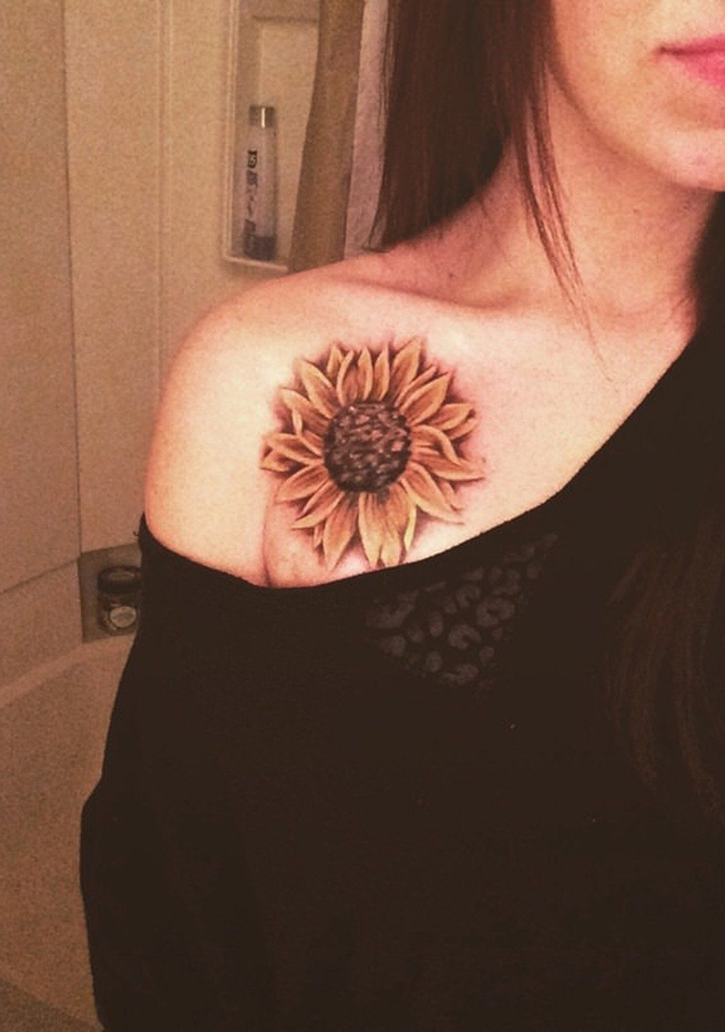 Vintage Sunflower Colored Flower On Shoulder Tattoo Ideas At inside measurements 1054 X 1500