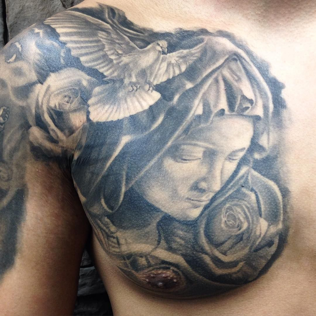 Virgin Mary Head And Flying Dove Tattoo On Chest For Men Miguels for sizing 1080 X 1080