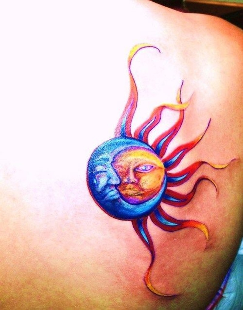 Vivid Colors Moon And Sun Tattoo On Shoulder Blade Tattoos Book inside size 800 X 1021