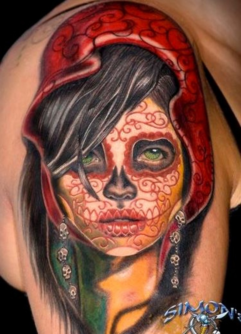 Vivid Colors Santa Muerte Girl With A Red Pattern On Face Tattoo On in sizing 800 X 1107