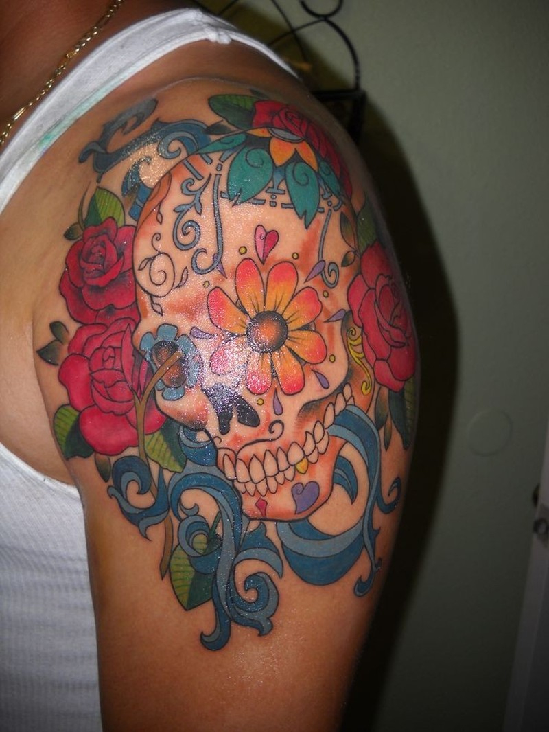 Vivid Colors Sugar Skull Tattoo On Shoulder Tattoos Book 65000 intended for dimensions 800 X 1066