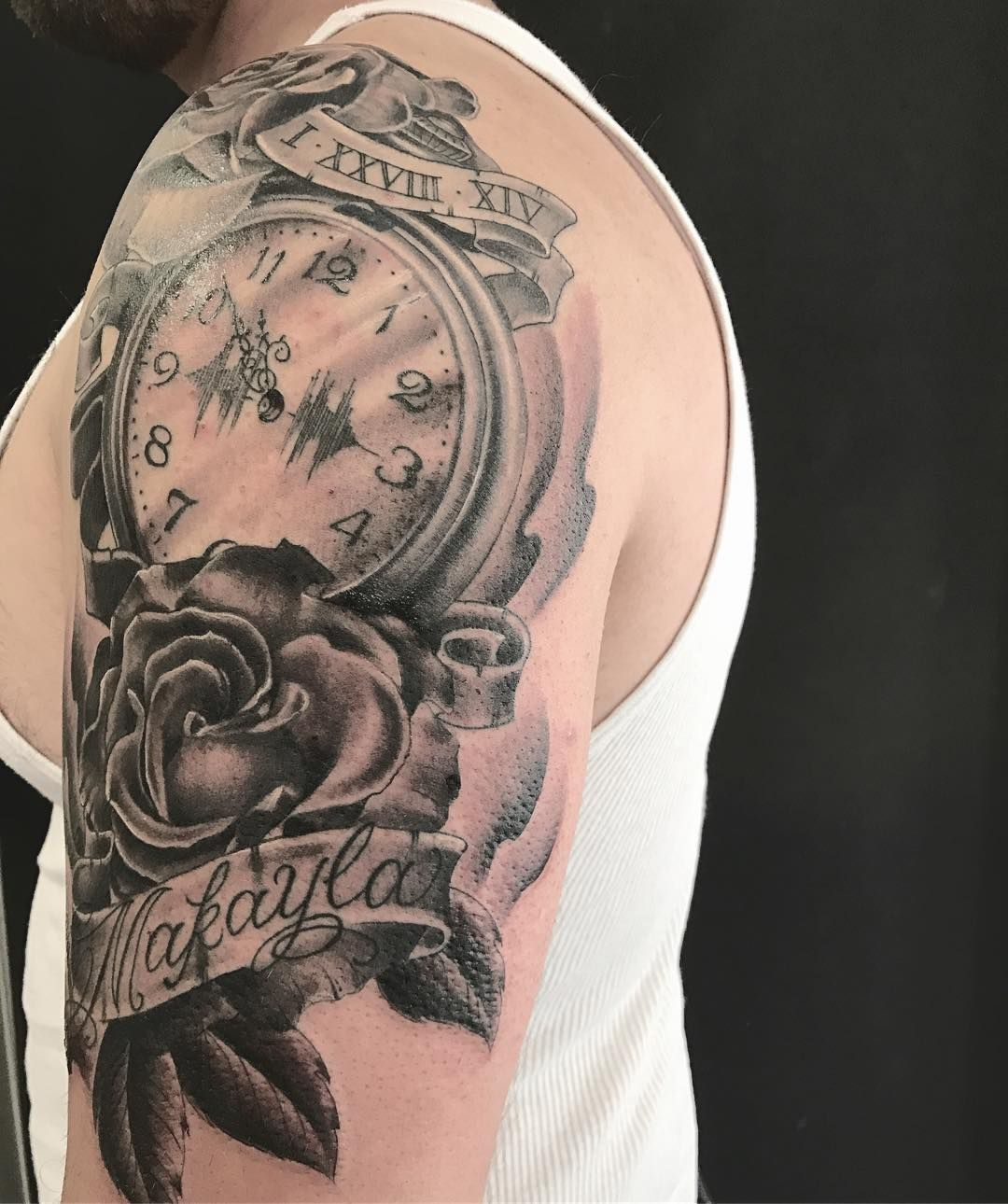 Watch And Roses Tattoo On A Shoulder With His Daughter Name pertaining to proportions 1080 X 1290