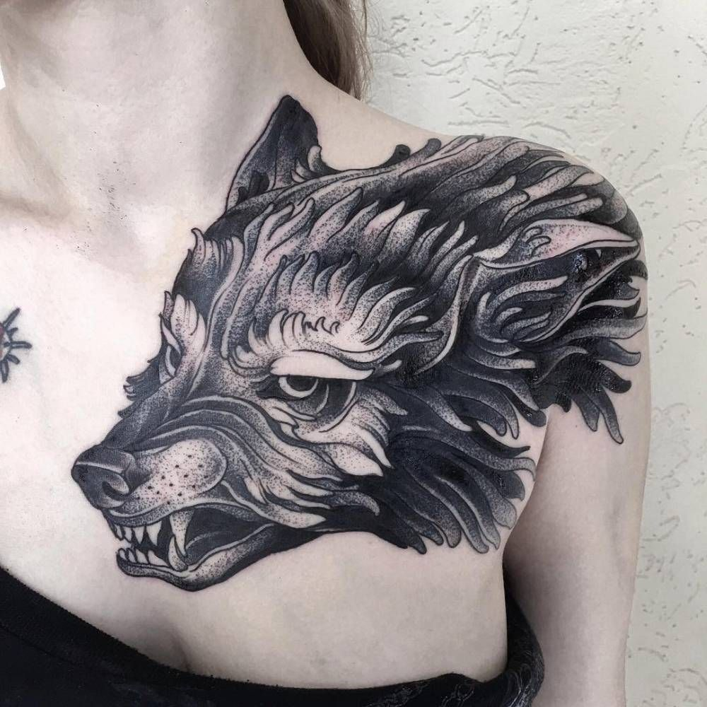 Wolf Tattoo On The Left Shoulder And Chest Done At Family Ink with sizing 1000 X 1000