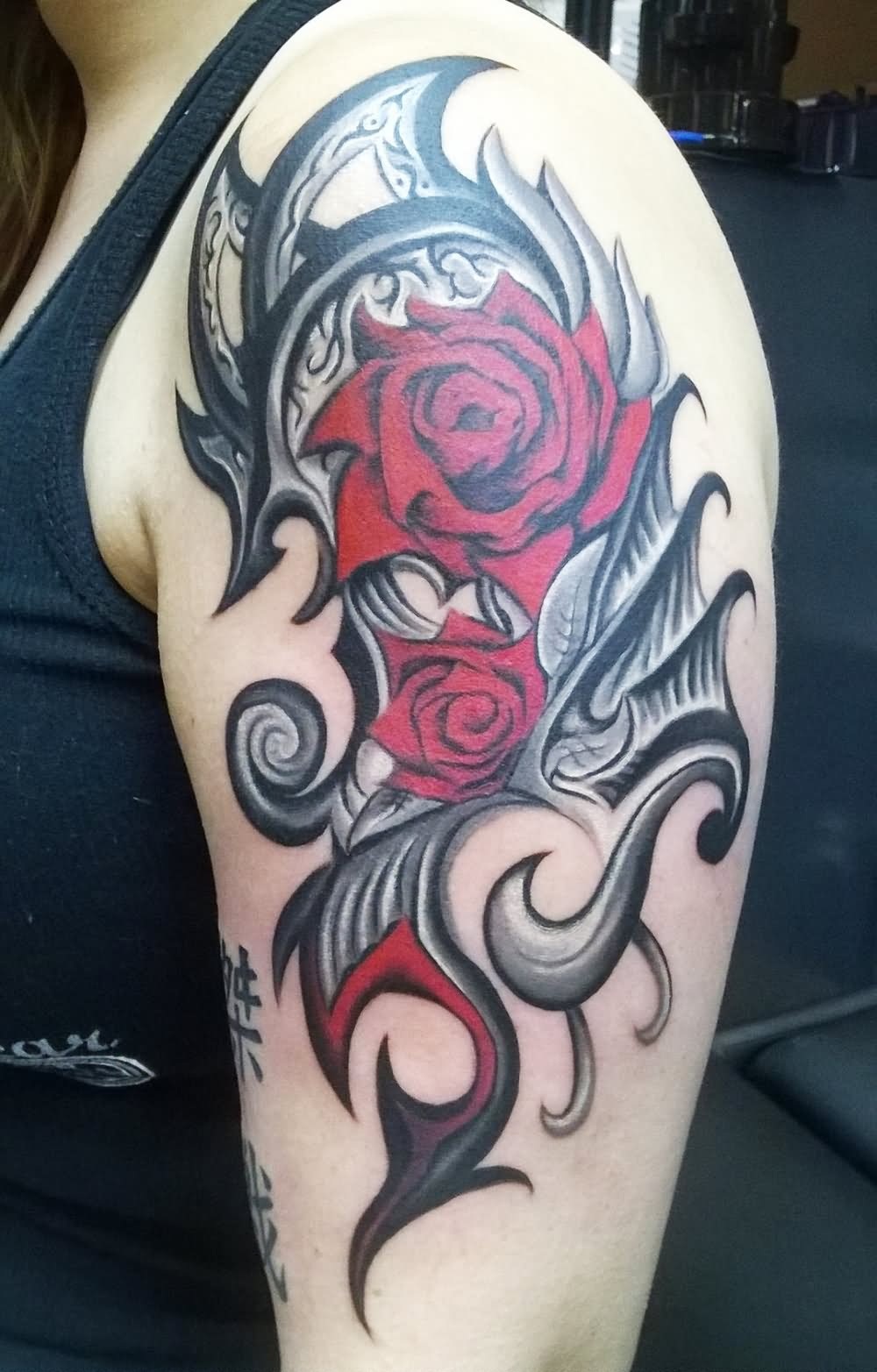 Wonderful Red Roses With Black Grey Tribal Tattoo Design On Half with regard to measurements 1000 X 1565